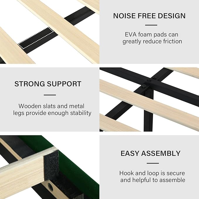 Full Size Bed Frame, Velvet Upholstered Platform Bed with Vertical Channel Tufted Headboard and Footboard, No Box Spring Required, Easy Assembly, Green