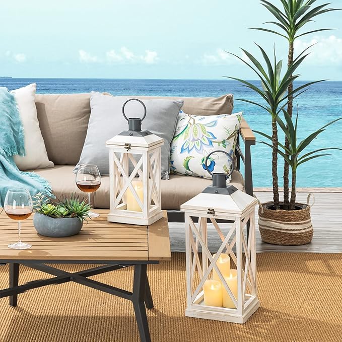 Glitzhome Mondern Farmhouse Wooden Lantern Hanging Decorative Candle Lantern for Outdoor & Indoor Wash White Set of 2 (No Glass)