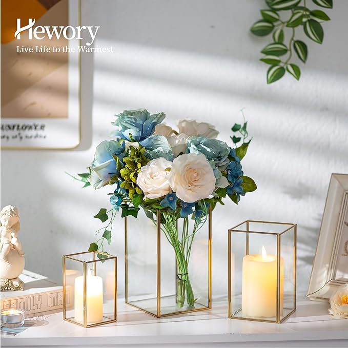 Glass Hurricane Candle Holder Large - Hewory 6pcs Gold Rectangle Flower Holders Centerpiece for Table, Tall Floor Square Pillar Candle Lantern for Wedding, Anniversary, Party, Fireplace, Dining Room