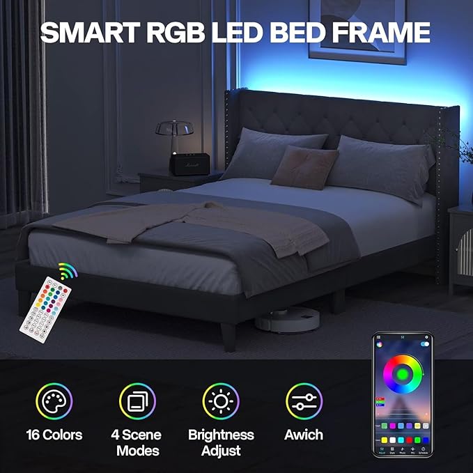 Full Size Bed Frame with LED Lights, Upholstered Bed Frame with Wingback Diamond Tufted Headboard, Wood Slats Support, Noise-Free, Easy Assembly, No Box Spring Needed, Grey