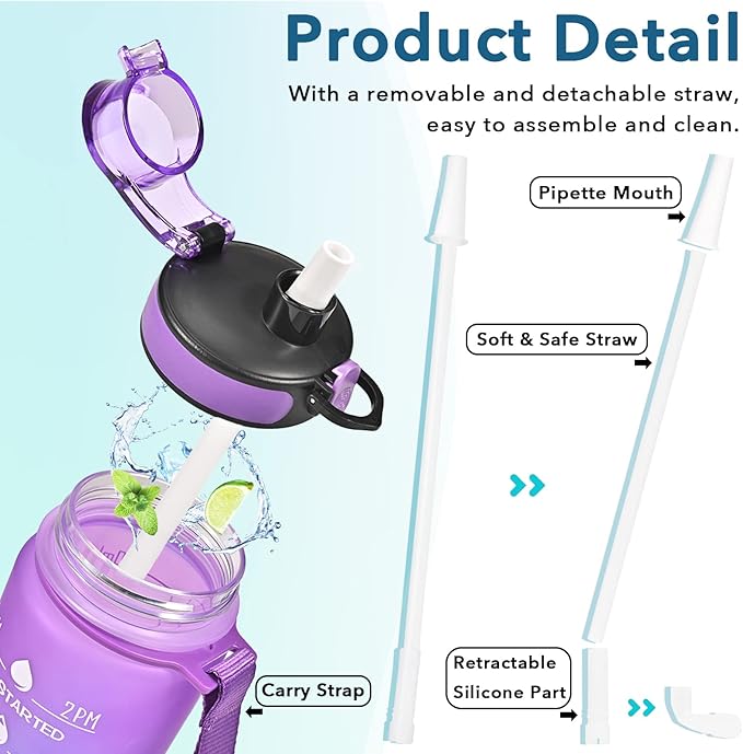 Enerbone Water Bottle, Leakproof BPA & Toxic Free, Motivational Water Bottle with Times to Drink and Straw, Fitness Sports Water Bottle with Strap for Office, Gym, Outdoor Sports