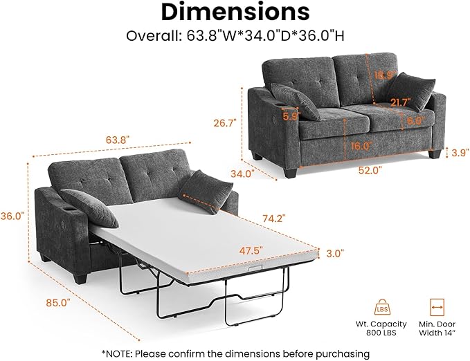 CHIC HOUSE Pull Out Sofa Bed, Full Size Sleeper Sofa, 2-in-1 Convertible Chenille Couch with USB Charging, Memory Form Couch for Living Room, Apartment & Small Space (Dark Grey, Chenille - Full)