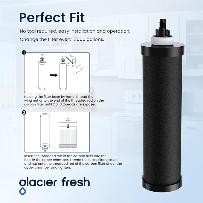 GLACIER FRESH Replacement for BB9-2 Black Purification Water Filter, Compatible with Berkey® BB9-2 Black Filters and Berkey® Gravity Water Filter System, 3 Pack