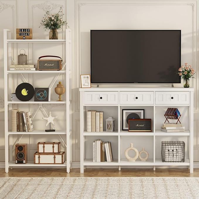 FATORRI 6 Cube Storage Bookshelf with 3 Drawers, Long Horizontal Bookcase, Modern Cubby Organizer Shelf (White Oak, 47 Inch)