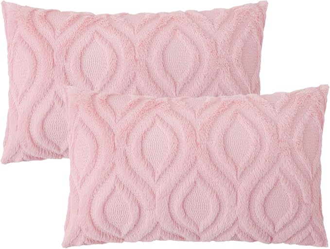 decorUhome Throw Pillow Covers 12x20 Inch Set of 2, Soft Plush Decorative Faux Fur Light Pink Solid Couch Pillow Covers, Accent Farmhouse Neutral Lumbar Euro Pillow Cases for Sofa Bed Living Room