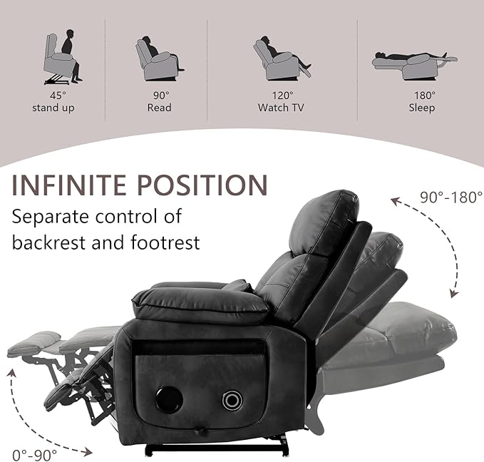Dual Motor Power Lift Recliner Chair for Adult & Elderly, Infinite Position Lay Flat Lift Chair with Heat & Massage, Cup Holder, Lumbar Pillow, Wireless Charger, USB Ports, Leather (Silver Grey)