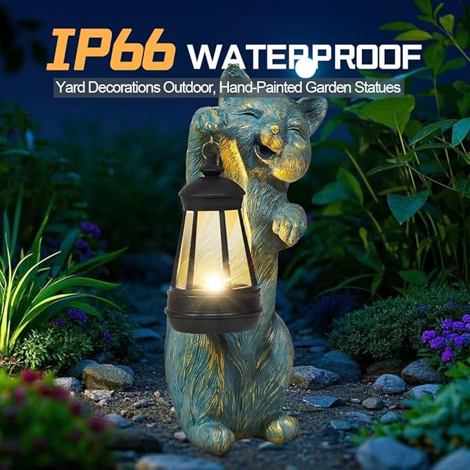 Garden Statues Cat with Solar Lantern Outdoor Bunny Figurines Decorations for Patio Yard Lawn Ornaments Gifts for Birthday Easter Housewarming Mother's Day