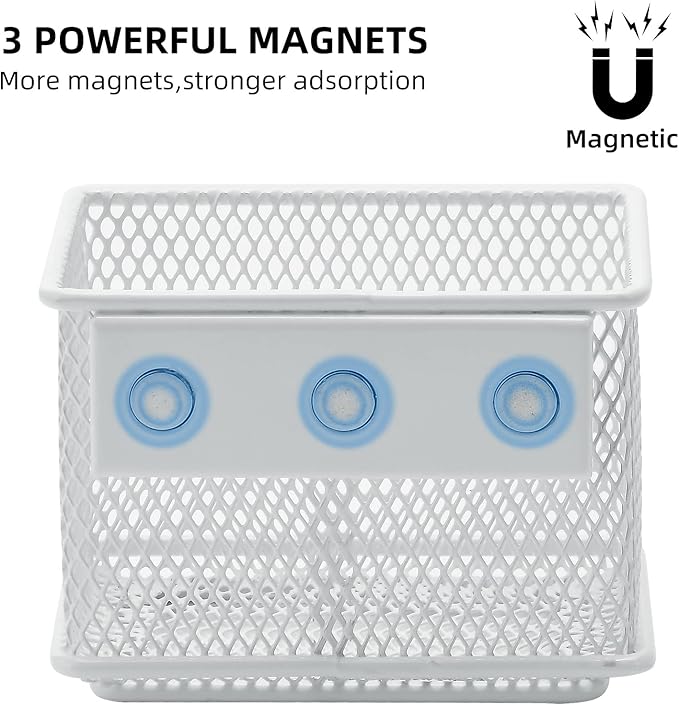 dedoot 2 Pack Pen Holder, 3.45x2.3x2.6inch Magnetic Basket Locker Organizer Metal Mesh Pencil Memo Holder for Whiteboard, Fridge, Desk, Offices,White