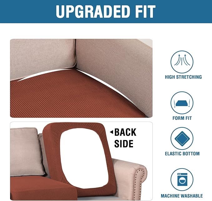 H.VERSAILTEX Super Stretch Individual Seat Cushion Covers - Sofa & Couch Cushion Slipcover Sets - Thick Jacquard Textured Twill Fabric (3 Piece, Rust)