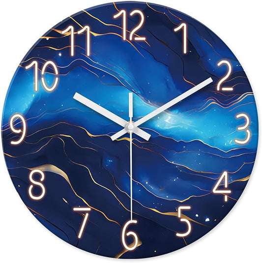 Glass Blue Wall Clocks Battery Operated 16 Inch Marble Pattern Big Clock for Office Abstract Silent Wall Clock Non Ticking