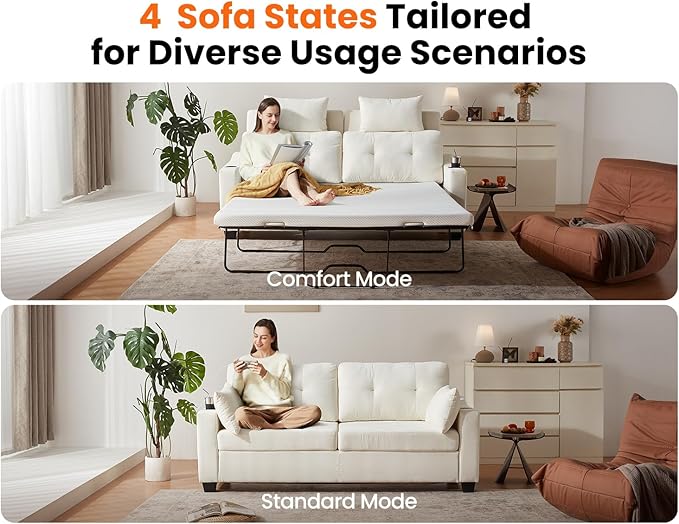 CHIC HOUSE Pull Out Sofa Bed, Full Size Sleeper Sofa, 2-in-1 Convertible Chenille Couch with USB Charging, Memory Form Corduroy Couch for Living Room, Apartment & Small Space (Beige, Chenille - Queen)