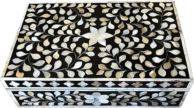Decorative Wooden Storage Box with Mother of Pearl Inlay – Elegant Floral Design – Perfect for Home Décor in Living Room, Dining Area, or Bedroom (Black, 12x8x5 inches)