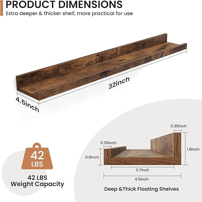 Fun Memories Picture Ledge Shelves Set of 2, 32 Inch Rustic Wall Mounted Floating Shelves with Lip for Home Storage and Décor in Bathroom, Kitchen, Nursery, Bedroom, Living Room, Brown