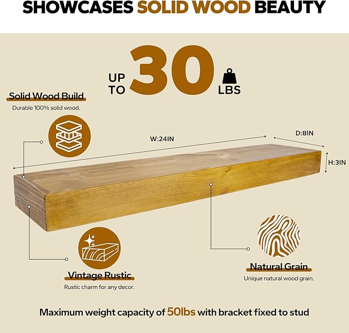 Floating Shelves 3 inch Thick for Wall Set of 2,Solid Pine Wood Wall Mount Shelf for Kitchen Living Room Bedroom Bathroom,8" D x 24" L x 3" H-Gold Oak