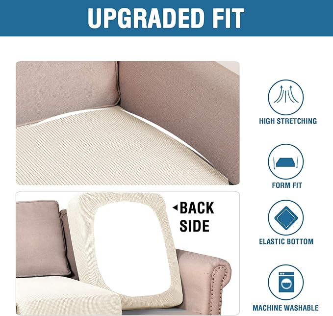 H.VERSAILTEX Super Stretch Individual Seat Sofa Covers Couch Slipcover Sets Thick Jacquard Textured Twill Fabric (3 Piece XL Sofa Cushion Covers, Natural)