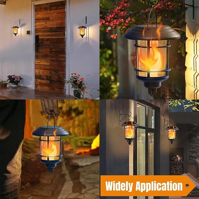 Dynaming Solar Flame Wall Lanterns, Outdoor Solar Wall Hanging Lights, Flickering Flame LED Lights Auto On/Off Wall Mounted Sconce Lights with Hooks, Waterproof for Garage Stair Patio Porch, 2 Pack