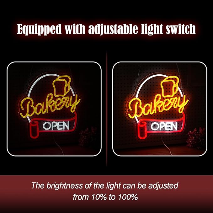Dimmable Bakery Open Neon Sign USB Open Light Up Sign for Wall Decor Brighter LED Bakery Open Neon Light for Bakery Cake Shop Dessert House Business Decor(12.8 * 12.8 In)