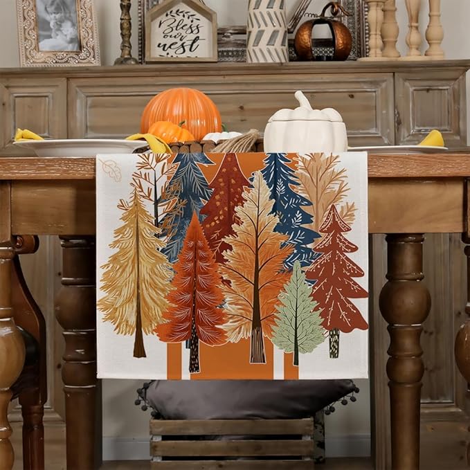 GEEORY Fall Watercolor Trees & Maple Leaves Striped Table Runner 13x108 Inch, Rustic Farmhouse Autumn Thanksgiving Decor for Kitchen, Dining, Indoor/Outdoor Holiday Dinner Party Orange GT157-108