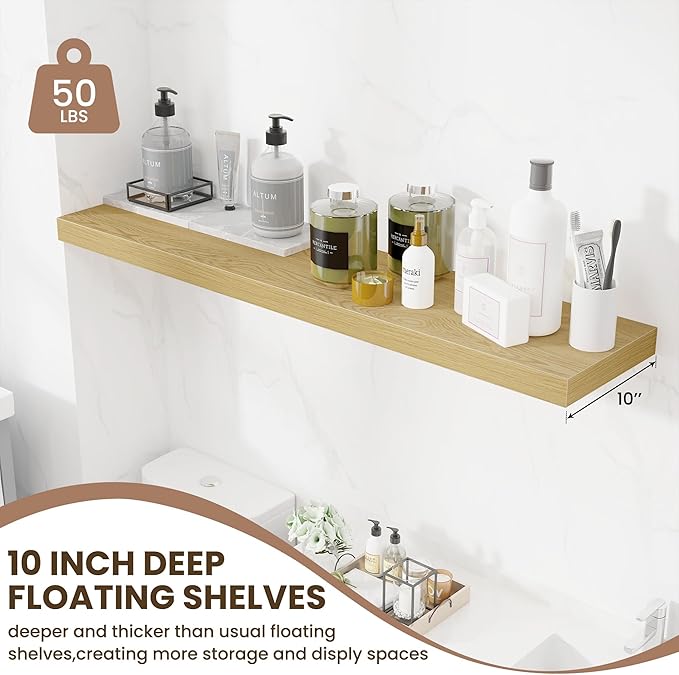 Fun Memories 48 Inch Floating Shelves for Wall - 10 Inch Deep Fireplace Mantel Shelf - Wood Floating Shelves for Wall - Large Storage Shelves Wall Mount for Living Room & Bedroom - Oak - Set of 1