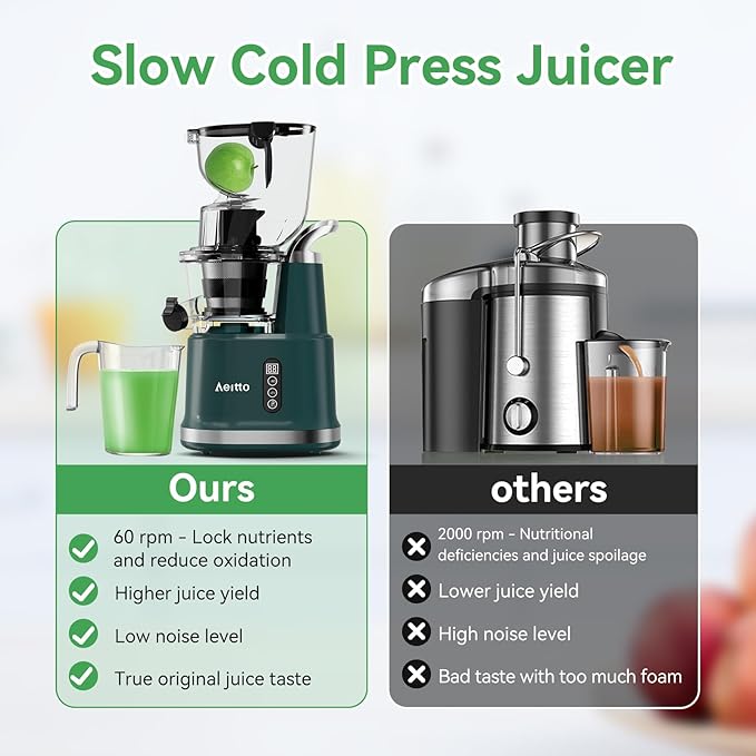 Cold Press Juicer,Aeitto Slow Masticating Juicer with Wide & Dual Feed Chute for Vegetables and Fruits, High Juice Yield, Self Feeding for Juice Extractor, BPA-Free, Dark Green