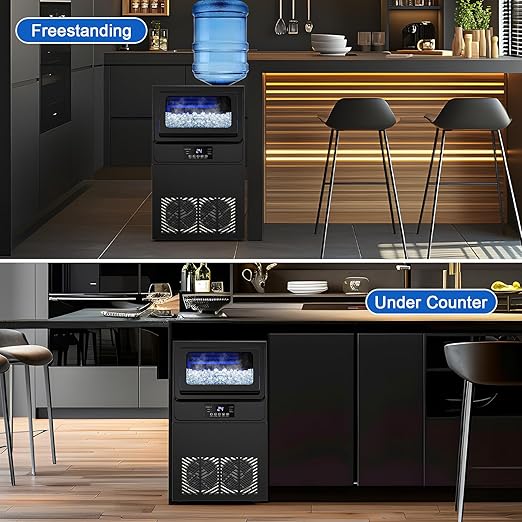Commercial Ice Maker Machine 100 LBS/24H, 36 Ice Trays Freestanding & Undercounter Ice Machine Stainless Steel with 20 LBS Ice Storage Capacity, Ice Maker with Water Line, Dual Water Inlet, Black