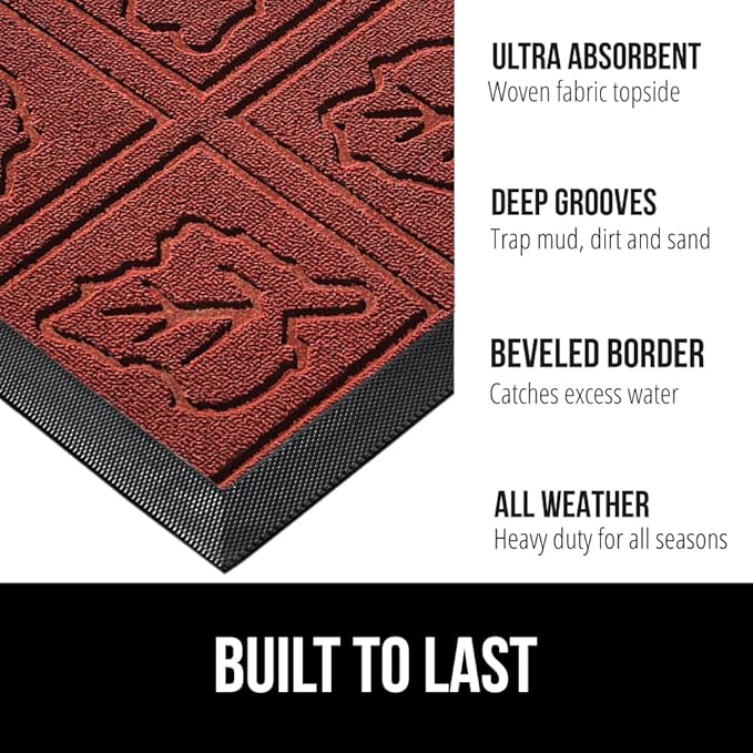 GORILLA GRIP 100% Waterproof All-Season WeatherMax Doormat 35x23, US Designed Natural Rubber, Stain and Fade Resistant, Low Profile Indoor Outdoor Door Mats, Easy Clean Patio Mat, Burgundy Leaves