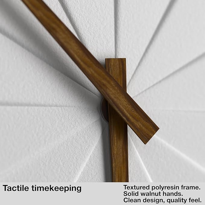 Driini Staircase Modern Wall Clock - Unique 10.5 in. Frameless Concrete Design - Contemporary, Minimalist Decor; No Numbers - Silent Battery Operated Clocks with Decorative Wooden Hands; White