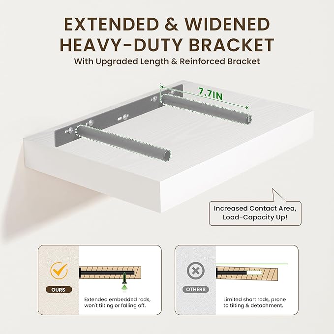 Deep Floating Shelves for Wall | 12 Inch Deep White Floating Shelves Set of 2 | 16W x 12D Rustic Wood Wide Wall Shelves | Bookshelf Laundry Shelf TV Shelf