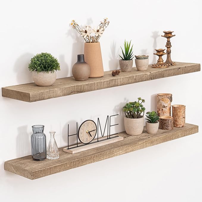 Floating Shelves Reclaimed Barnwood, 8" Deep Solid Wood Floating Shelf Wall Hanging Shelves with Invisible Heavy-Duty Metal Bracket | Wall Mounted | Farmhouse Style | 40 inches,2PCS,Natural