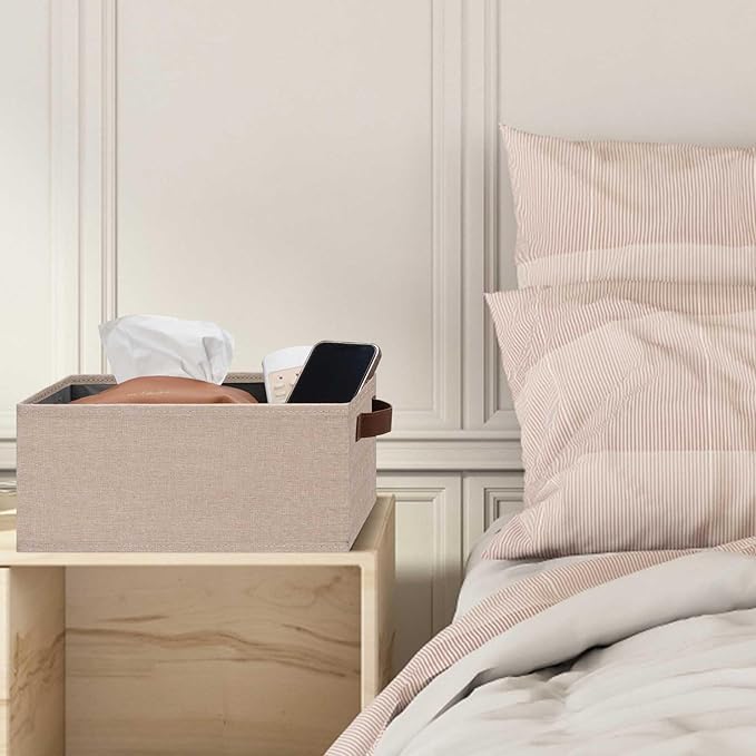 GhvyenntteS Small Fabric Storage Bins 12 Pack, 11.8" x 7.87" x 5.11" Storage Basket with Leather Handles, Closet Storage Bins for Shelves, Storage Baskets for Shelves, DVD Storage (Beige Yellow)