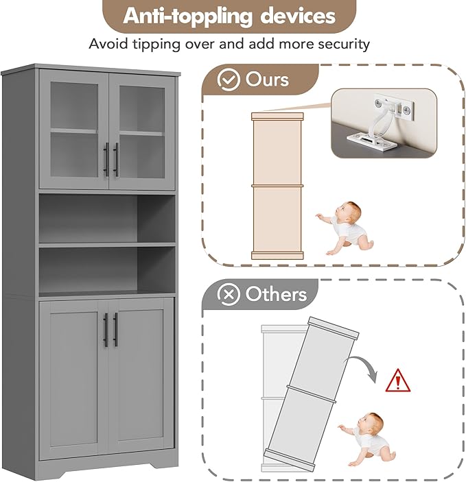 GarveeHome 67" Tall Storage Cabinet, Tall Bathroom Cabinet with Glass Doors and Adjustable Shelves, Freestanding Kitchen Pantry Cabinets, Cupboard for Living Room, Dining Room, Gray