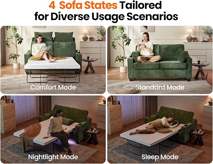 CHIC HOUSE Pull Out Sofa Bed, Full Size Sleeper Sofa, 2-in-1 Convertible Chenille Couch with USB Charging, Memory Form Couch for Living Room, Apartment & Small Space (Green, Chenille - Full)