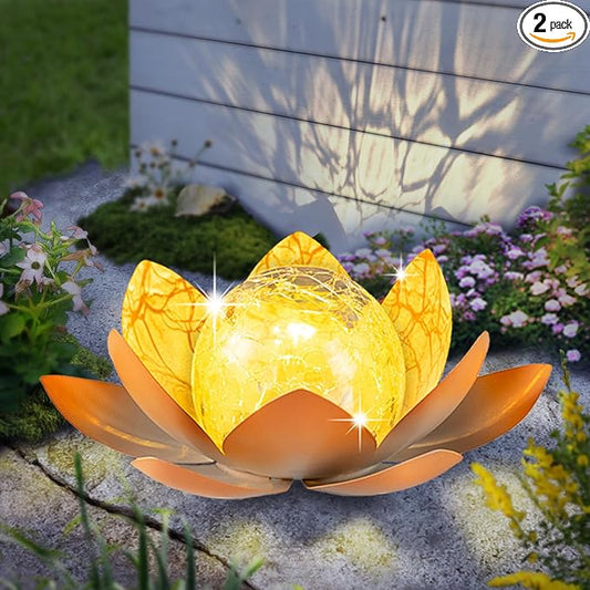 Garden Solar Light Outdoor(2Pack),Crackle Globe Glass Lotus Decoration, Waterproof Metal LED Flower Lights for Patio,Lawn,Walkway,Tabletop,Ground