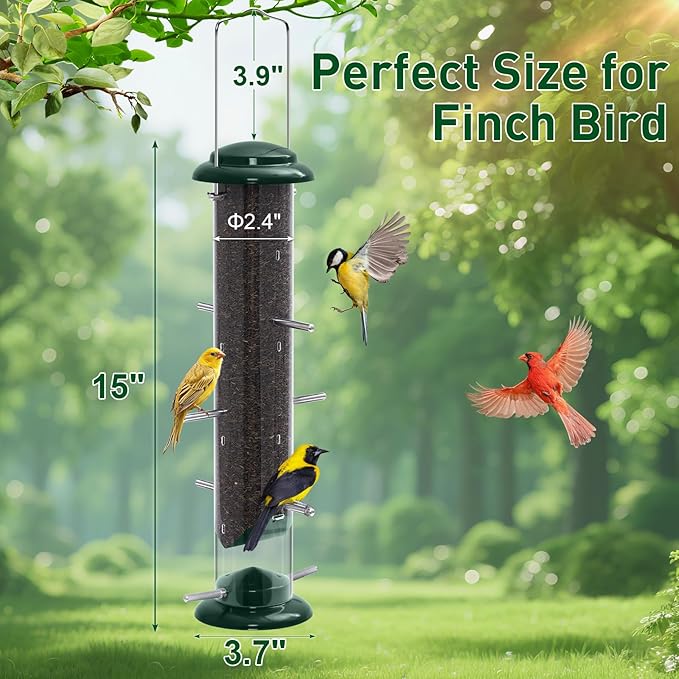 FEED GARDEN Finch Feeders for Outside, Nyjer & Thistle Bird Feeders, 15 Inch Tube Feeder with 12 Small Ports & 8 Perches, Durable Metal Design for Outdoor Hanging, Easy Fill & Clean