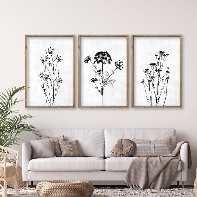 Flower Plant Wall Art Decor 16"x11" Set of 3 Black And White Botanical Painting Wood Framed For Minimalist Bedroom Office Rustic Living Room Abstract Wildflower Sign Hanging (Wood White)