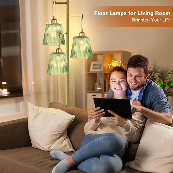 Gold Floor Lamp for Living Room,Bedroom,Mid Century Modern Standing Lamp Brass Tree 3 Light Tall Floor Lamps Vintage Retro Floor Lights Glass Green Flower Lamp Shade Farmhouse Boho Bohemian