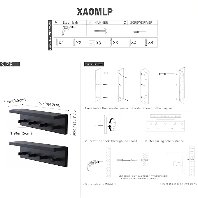 Entrance Coat Rack ，Coat Hooks, Wall-Mounted Wooden Hook Rack, Wall-Mounted Shelves are Very Suitable (Black Finish-2)