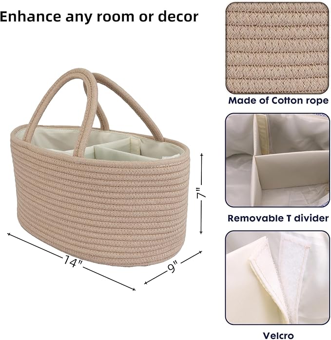 Diaper Caddy Organizer Cotton Rope Baby Basket Nursery Storage and Portable Tote Bag for Car Ideal Baby Shower Gifts and Registry Must-Have for Newborn Essentials light konjak