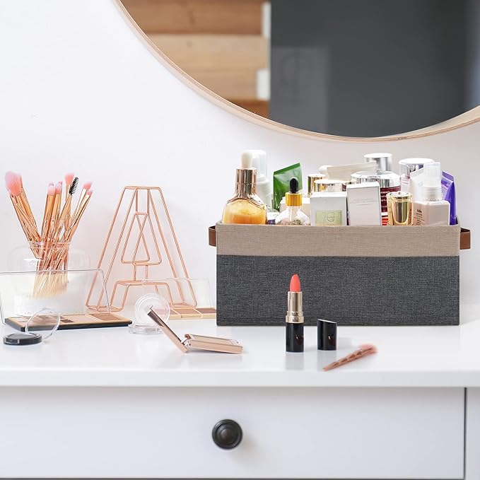 GhvyenntteS Small Fabric Storage Bins 12 Pack, 11.8" x 7.87" x 5.11" Storage Basket with Leather Handles, Closet Storage Bins for Shelves, Storage Baskets for Shelves, DVD Storage (Grey&Beige Yellow)