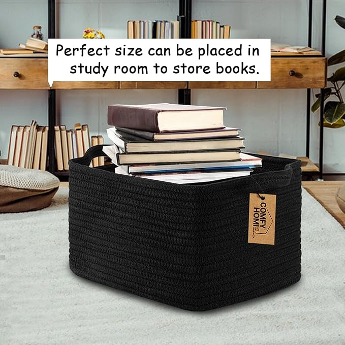 COMFY-HOMI 3PACK Cotton Rope Woven Basket With Handles for Shelves, Toy, Book, Cloth Storage Basket for Organizing|13.5" x 11" x 9.5" Decorative Nursery Cube Bin for Living Room（all Black）