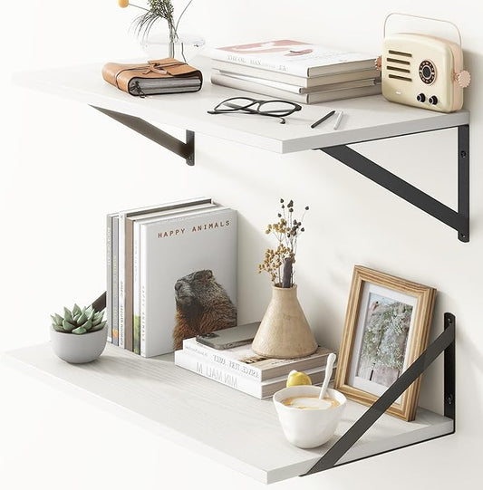 Deep Floating Shelves, 12 Inch Deep Floating Shelves for Wall, 24"W x 12"D Wall Shelves for Books, Rustic White Wooden Shelves, Large Wide Display Shelf for Bathroom, Living Room, Bedroom, Set of 2