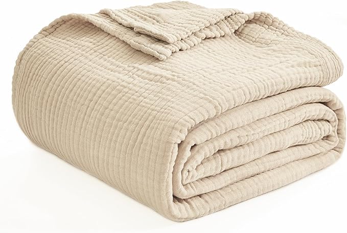 EMME Muslin Baby Blankets 100% Cotton 4-Layer Swaddle Baby 40"x50" Lightweight Soft Breathable Cooling Baby Blanket for Toddler, Infant, Newborn, Boys and Girls All Season Gauze Blanket, Light Tan