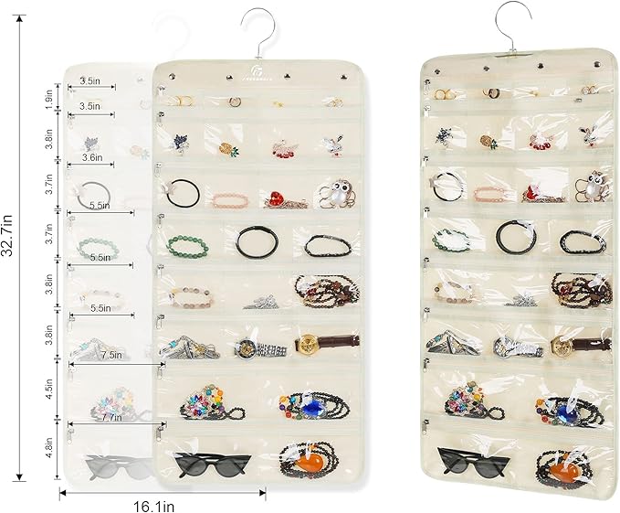Freegrace Hanging Jewelry Organizer Revolving Hanger - Secure Zipper Closure - 50 Pockets - Foldable Storage & Display Solution - For All Jewelry & Bijoux (Beige)