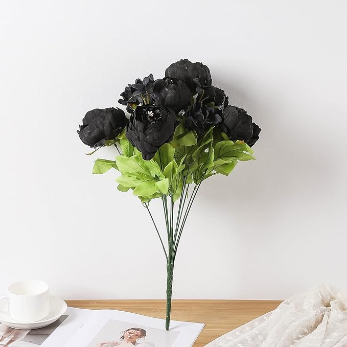 Duovlo Artificial Peony Silk Flowers Fake Flowers Vintage Wedding Home Decoration,Pack of 1 (Black)