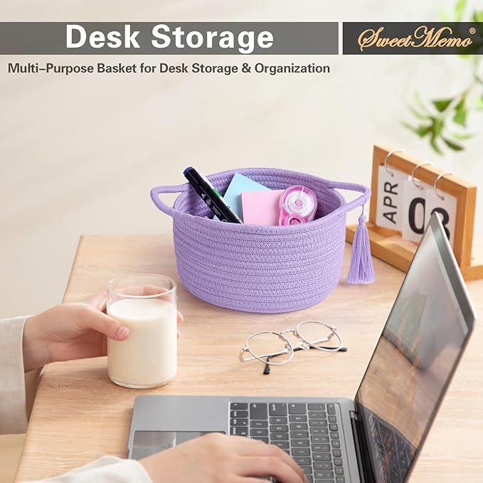 Empty Gift Basket - SweetMemo Mini Woven Rope Organizer Baskets for Baby Shower, Vanity, Makeup Brushes, Bathroom, Shelves, Desk - Small Decorative Storage Bins - Set of 2, Pre-Shaped, Lilac Purple