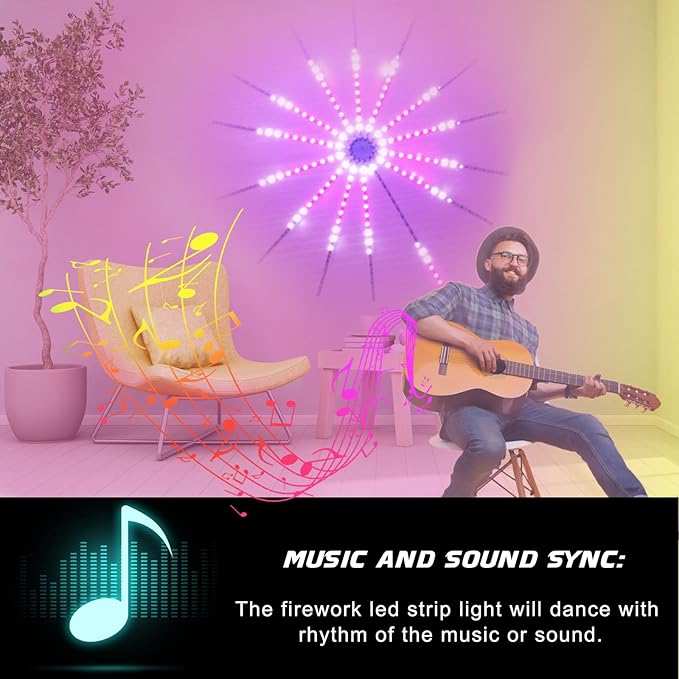 Firework LED Lights, 14pcs Firework LED Strip Lights, DC 5V Smart RGBIC Dream Color Changing Fireworks Lights, APP and Remote Control, Music Sound Sync Strip Light for Bedroom, Party, Festival