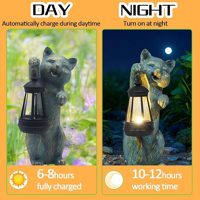 Garden Statues Cat with Solar Lantern Outdoor Bunny Figurines Decorations for Patio Yard Lawn Ornaments Gifts for Birthday Easter Housewarming Mother's Day