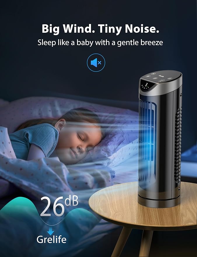 Grelife Tower Fan with Remote Control, Fast Cooling Desktop Fan, 90° Oscillation, 3 Speeds, 3 Wind Modes, Touch Screen, Auto Timer, Ideal for Home, Office Bedroom