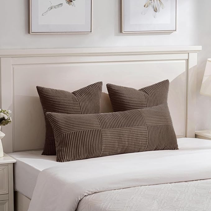 Fancy Homi Set of 2 Dark Brown Boho Long Lumbar Body Decorative Throw Pillow Cover 14x36 Inch for Bed Couch Bedroom Bench, Soft Patchwork Corduroy Textured Pillow Case, Rustic Farmhouse Room Décor