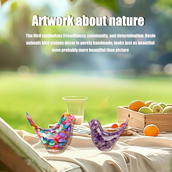 Crystal Bird Figurines, Resin Animal Statues, Miniature Decorative Gravel Birds, Home Decor (2PCS-Purple+Colorful)